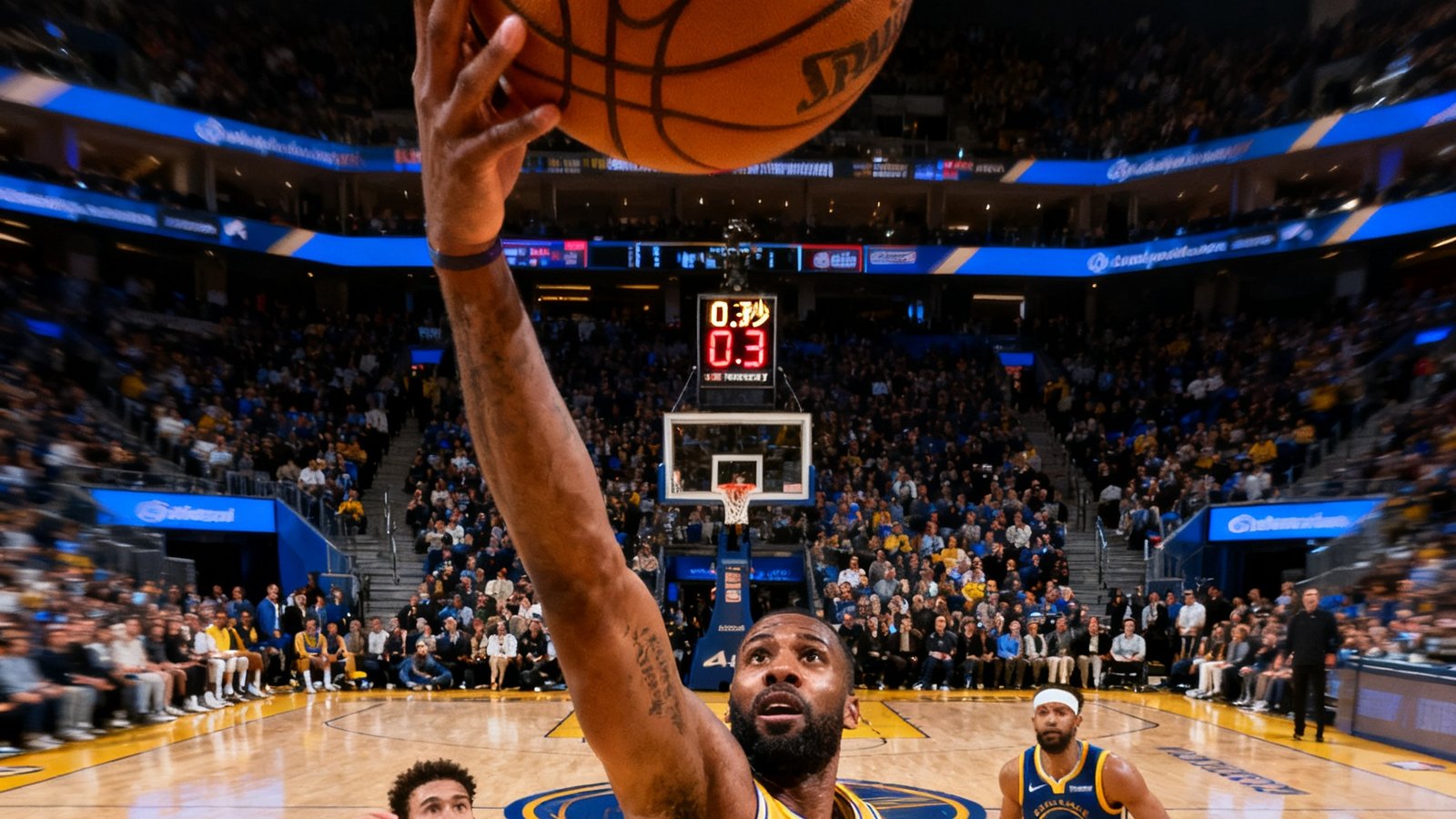 NBA湖人绝杀勇士最后5秒回放封面，篮球离手瞬间特写，计时器显示0.3秒全场屏息